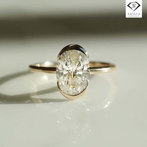 Oval Moissanite Bezel Set Ring | 14K Gold Vertical Oval Cut Solitaire | Minimalist Moissanite Engagement Ring | Modern Classic Ring for Her