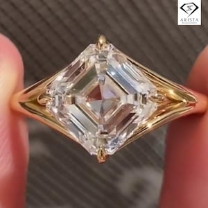 Asscher Cut Moissanite Engagement Ring, Vintage Inspired Solitaire Ring, 14K Yellow Gold Ring, Art Deco Wedding Ring, Proposal Ring For Her