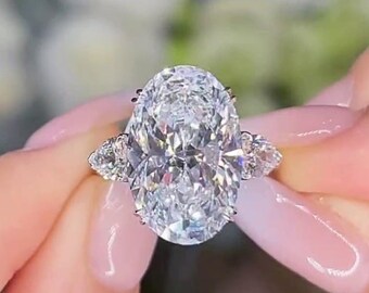 5 Carat Oval Moissanite Engagement Ring in 14K White Gold, Elegant Three-Stone Ring with Pear Side Stones, Bridal and Anniversary Ring