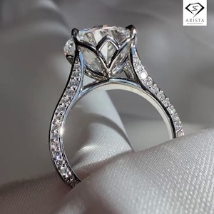 3 Carat Round Cut Moissanite Engagement Ring, Hidden Halo Cathedral Setting, White Gold Solitaire Ring, Luxury Bridal Jewelry for Her