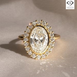 Oval Bezel Moissanite Engagement Ring, Halo Vintage Inspired Ring, 14K Yellow Gold Bridal Ring, Bezel Set Oval Cut Ring, Anniversary Gift