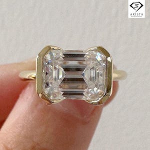 2 Carat East West Emerald Cut Moissanite Ring, 14K Gold Bezel Set Solitaire Engagement Ring, Modern Minimalist Wedding Ring for Her