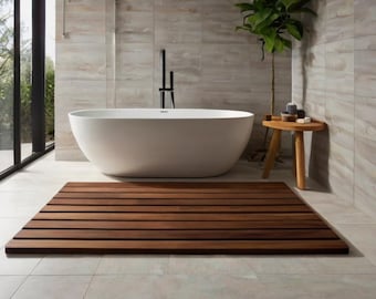 Natural Waterproof Teak Wood Bath Mat: Non-Slip Spa Bathroom Decor, Custom Size Option