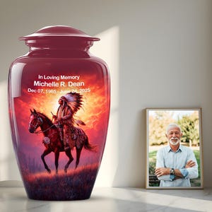 May include: A maroon cremation urn featuring a Native American warrior on horseback against a sunset. The urn is inscribed with "In Loving Memory Michelle R. Dean Dec 07, 1965 - June 24, 2025". A framed photograph of a smiling man is beside the urn.
