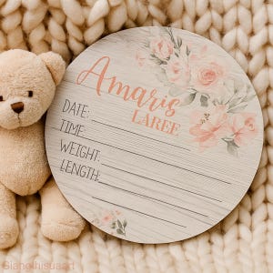 Personalized Girl Birth Stat Sign, Blush and White Floral Birth Stat Sign, Round Wood Birth Stat Sign, Custom Birth Stat Sign