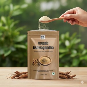 May include: A tan pouch of Organic Ashwagandha powder with the text "LIV FIT" and "Organic Ashwagandha". A wooden spoon dispenses the powder. The pouch also displays the text "Stress Relief | Energy | Immunity" and "100% Pure Ashwagandha Root Powder (Withania somnifera)".