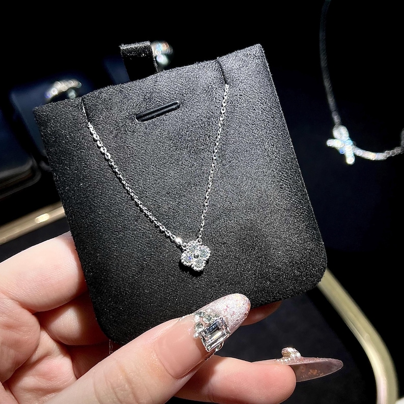 Clover Moissanite Necklace, Solid 925 Sterling Silver, 18K White Gold Plated, Adjustable Chain, Dainty Gift for Her image 5