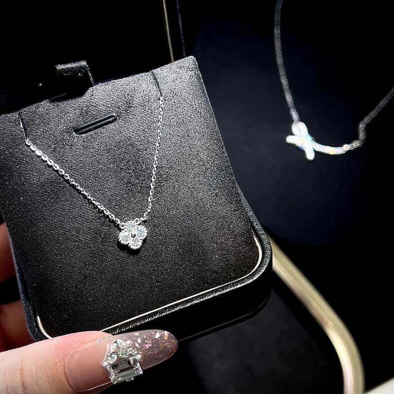 Clover Moissanite Necklace, Solid 925 Sterling Silver, 18K White Gold Plated, Adjustable Chain, Dainty Gift for Her image 2