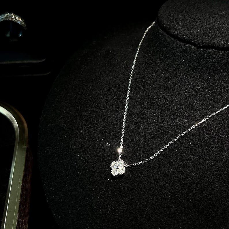 Clover Moissanite Necklace, Solid 925 Sterling Silver, 18K White Gold Plated, Adjustable Chain, Dainty Gift for Her image 6