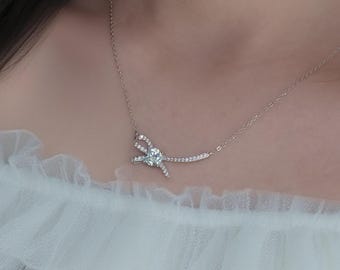 1ct Moissanite Pendant, Solid 925 Sterling Silver, 18K White Gold Plated, Bow Knot Necklace, Adjustable Chain, Gift for Her