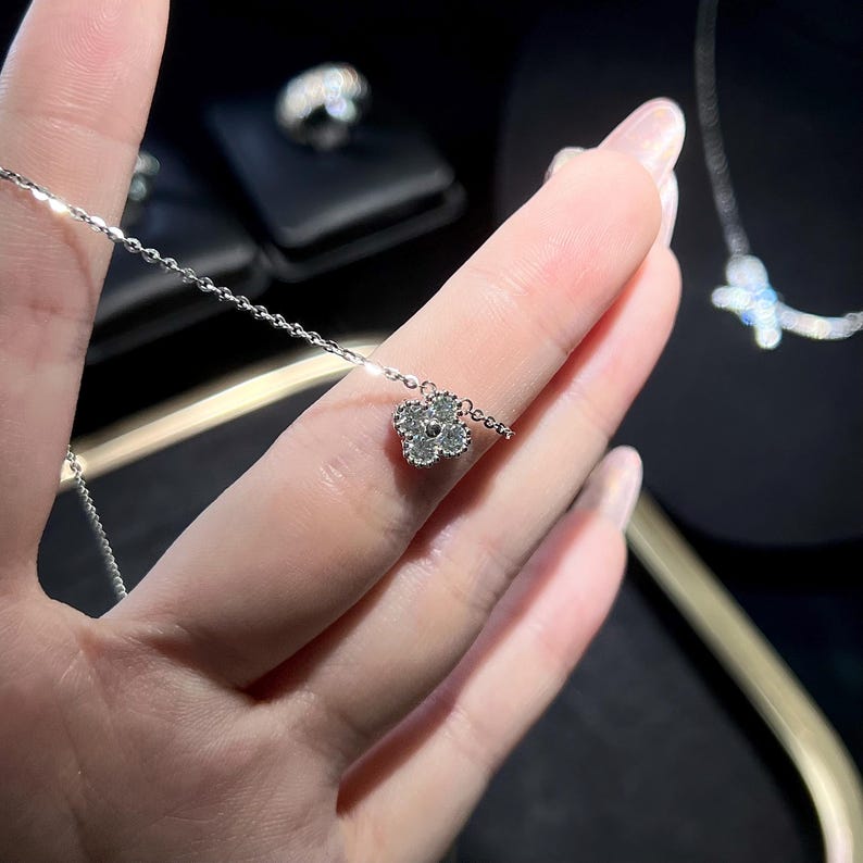Clover Moissanite Necklace, Solid 925 Sterling Silver, 18K White Gold Plated, Adjustable Chain, Dainty Gift for Her image 4