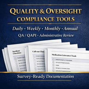 Könnte beinhalten: Grafik mit dem Text „QUALITY & OVERSIGHT COMPLIANCE TOOLS“ und „Survey-Ready Documentation“. Das Bild zeigt mehrere Checklisten und Formulare, darunter „Incident Checklist“ und „Medication Grievance Track“.