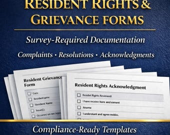 May include: A stack of white Resident Rights & Grievance Forms on a blue background. The forms include sections for complaints, resolutions, and acknowledgments. Text at the top reads "Resident Rights & Grievance Forms" in gold lettering. The forms are labeled "Survey-Required Documentation."