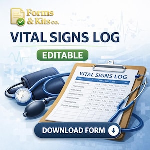 Vital Signs Log | Editable Healthcare Tracking Form | Patient Vitals Chart for Nurses, Clinics & Caregivers