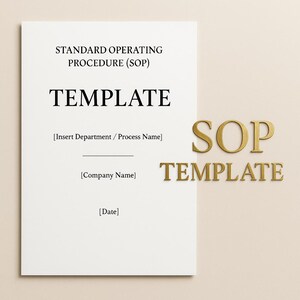 May include: A white template with the text "STANDARD OPERATING PROCEDURE (SOP)" and "TEMPLATE" in bold black font. The template includes placeholders for department, company name, and date. The words "SOP" and "TEMPLATE" are also displayed in gold.