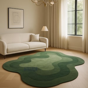 Irregular Hand Tufted Area Rug in Green Color made in wool in size 8x10, 9x12 , 10x14 , 12x15 for living room , Bedroom , Kids Room .