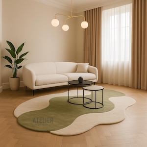 Bean Irregular Hand Tufted Area Rug in Green Color made in wool size 8x10, 9x12 , 10x14 , 12x15 for living room, Bedroom , oversize rugs .