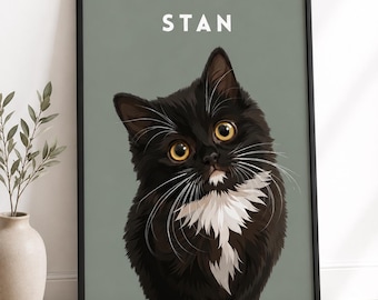 May include: A framed wall art print featuring a digital illustration of a fluffy black cat with a white chest patch and bright yellow eyes. The cat is centered against a sage green background with the name STAN printed in white capital letters.