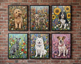 Custom Whimsical Dog Wildflower Portrait Gift | Maximalist Style | Bold Oil Painted Style Painted Dog | Colourful Wall Art