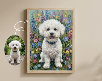 Custom Dog Wildflower Portrait Gift | Maximalist Style | Bold Oil Painted Style Painted Dog | Colourful Wall Art