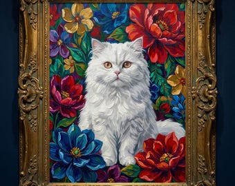 Custom Cat Floral Oil Digital Portrait Gift | Maximalist Botanical Style | Bold Oil Painted Style Painted Cat | Colourful Art