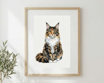 Cat Custom Watercolour Painting Portrait | Personalised Pet Portrait | Pet Illustration | Cat Lover Gift | Pencil Outline Digital Painted