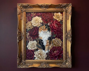 Custom Cat Portrait Gift in Botanical Maximalist Style | Floral Style | Bold Oil Painted Style Painted Cat | Colourful Art
