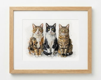 Photomerge Custom Cat Watercolour Portrait | Personalised Pet Portrait | Pet Illustration | Cat Lover Gift | Pencil Outline Hand Painted,