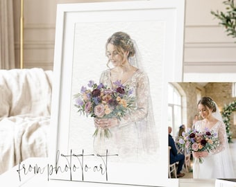 Bride and Bouquet Watercolour Art Painting | Photo to Portrait Illustration | Wedding Anniversary Gift For Bride