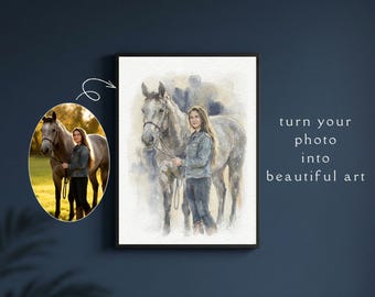 Custom Horse With Owner Watercolour Art Painting | Horse Painted Style Portrait From Photo | Equestrian Illustration