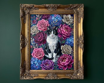 Custom Botanical Cat Oil Digital Portrait Gift | Maximalist Flower Style | Bold Oil Painted Style Painted Cat | Colourful Art