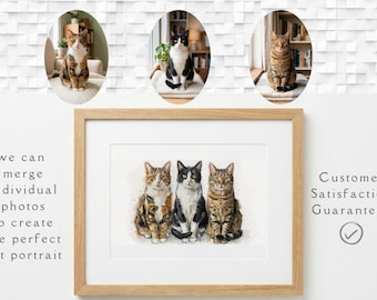 Photomerge Custom Cat Watercolour Portrait | Personalised Pet Portrait | Pet Illustration | Cat Lover Gift | Pencil Outline Hand Painted,