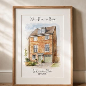 May include: A framed watercolour illustration of a three-storey brick house with a light green door and garage. The text "Where Memories Begin" appears at the top, and "12 Rivington Close EST 2026" is printed at the bottom of the white paper print.