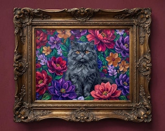 Custom Modern Cat Botanical Floral Oil Digital Portrait Gift | Maximalist Style | Bold Oil Painted Style Painted Cat | Colourful Art