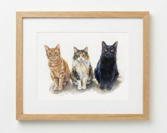 Photomerge Custom Cat Watercolour Portrait | Personalised Pet Portrait | Pet Illustration | Cat Lover Gift | Pencil Outline Hand Painted,