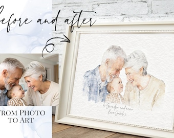 Custom Gift For Grandma & Granddad Watercolour Family Portrait - Grandparents Personalised Gift For Birthday, Anniversary, Christmas