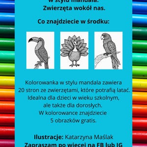 May include: A coloring book with a blue background and the text "Coloring book for children in the mandala style. Animals around us." The book features illustrations of a toucan, peacock, and parrot.