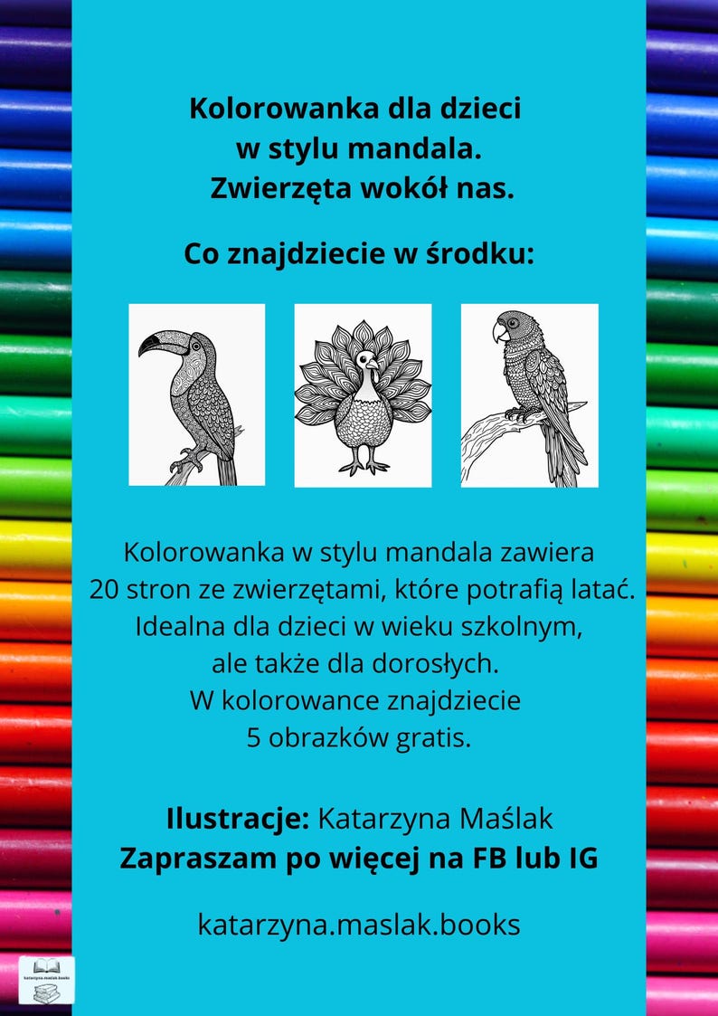 May include: A coloring book with a blue background and the text "Coloring book for children in the mandala style. Animals around us." The book features illustrations of a toucan, peacock, and parrot.
