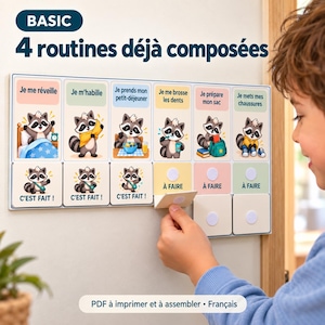 May include: A rectangular wall chart featuring six daily routine tasks illustrated with raccoons. Each task has a flip-down panel with the text 'C'EST FAIT!' or 'À FAIRE'. The chart includes French text such as 'Je me réveille', 'Je m'habille', and '4 routines déjà composées'.
