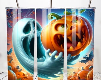 May include: Three Halloween-themed stainless steel tumblers with straws. Each tumbler features a different spooky design: a ghost, a jack-o'-lantern, and a scene with pumpkins and bats. The background has a gradient of colours.