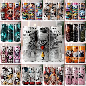 May include: A collection of stainless steel tumblers featuring horror movie characters and themes. Designs include Pennywise, Michael Myers, Jason Voorhees, and Ghostface. Some tumblers have text like "Friends" and "What's your favorite scary movie?"