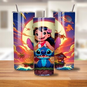 May include: Three stainless steel tumblers with a colorful cartoon design featuring a girl and a blue alien-like creature. The background shows a sunset scene with a large moon, palm trees, and a small house on an island.