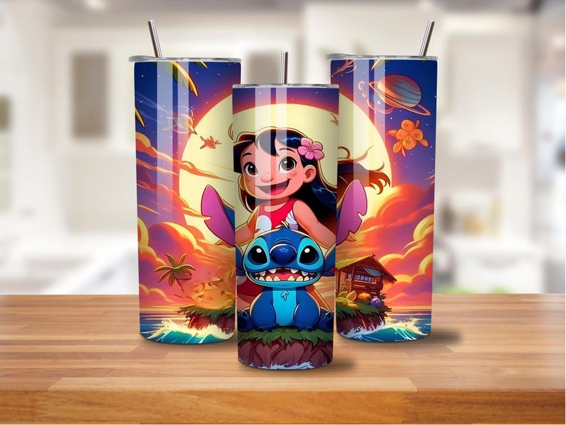 May include: Three stainless steel tumblers with a colorful cartoon design featuring a girl and a blue alien-like creature. The background shows a sunset scene with a large moon, palm trees, and a small house on an island.