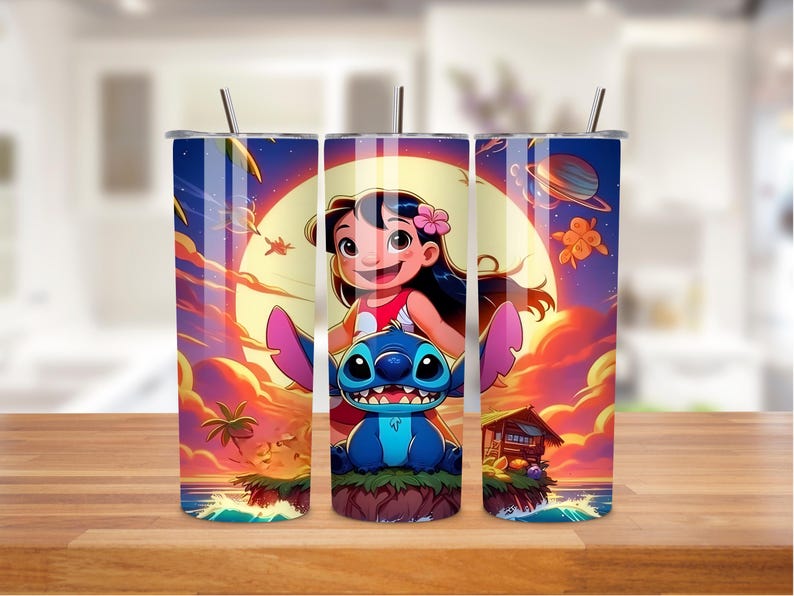 May include: Three stainless steel tumblers with a colorful cartoon design featuring a girl and a blue alien-like creature against a sunset backdrop. Each tumbler has a silver straw and a lid.