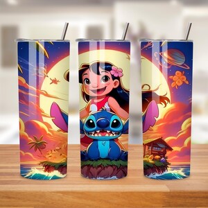 May include: Three stainless steel tumblers with a colorful cartoon design featuring a girl and a blue alien character. The background shows a sunset, a full moon, and a small house on an island. Each tumbler has a silver straw.