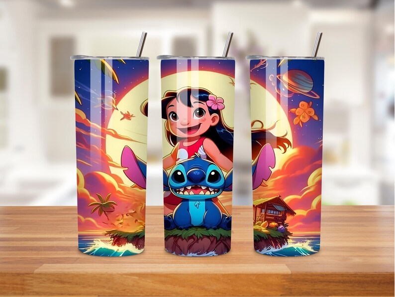 May include: Three stainless steel tumblers with a colorful cartoon design featuring a girl and a blue alien character. The background shows a sunset, a full moon, and a small house on an island. Each tumbler has a silver straw.