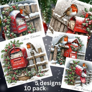 May include: A pack of ten Christmas cards with five different designs. Each card shows a red postbox with the words "Merry Christmas" and a robin. The cards are decorated with holly, snow, and pine cones.