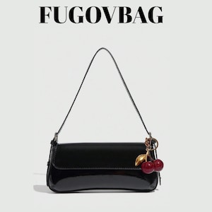 Black Cherry Charm Y2K Shoulder Bag – Glossy PU Leather Minimalist Baguette Purse, Small Underarm Handbag, Cute Gift for Women & Girls