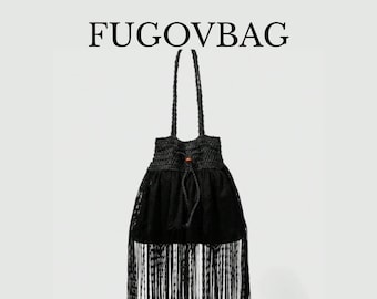 Black Gothic Tassel Shoulder Bag, Hollow Lace Boho Purse