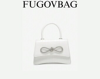 White Crocodile Embossed Mini Purse: Rhinestone Bow Coquette Handbag